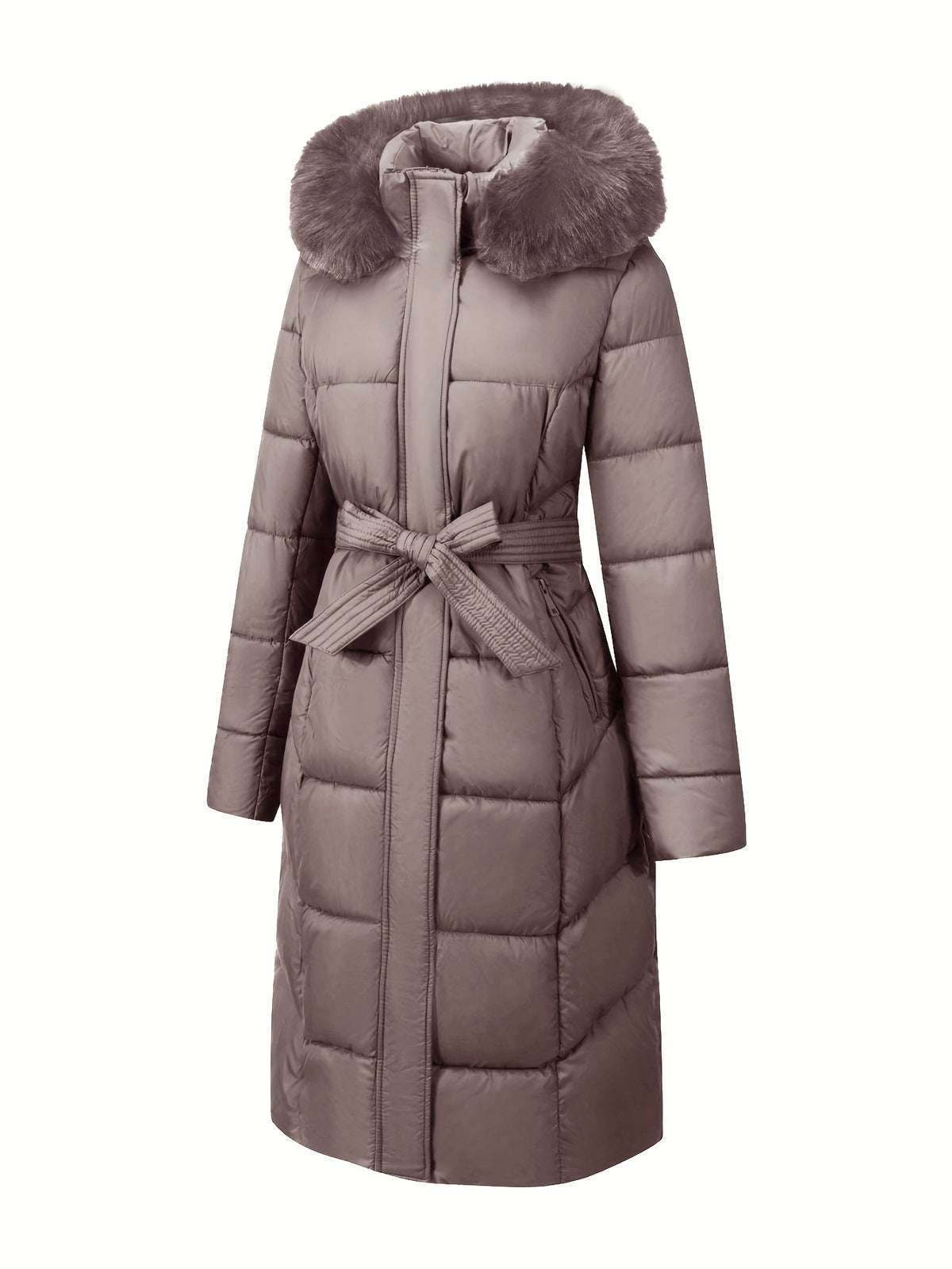 Women's Belted Faux Fur Hooded Puffer Coat