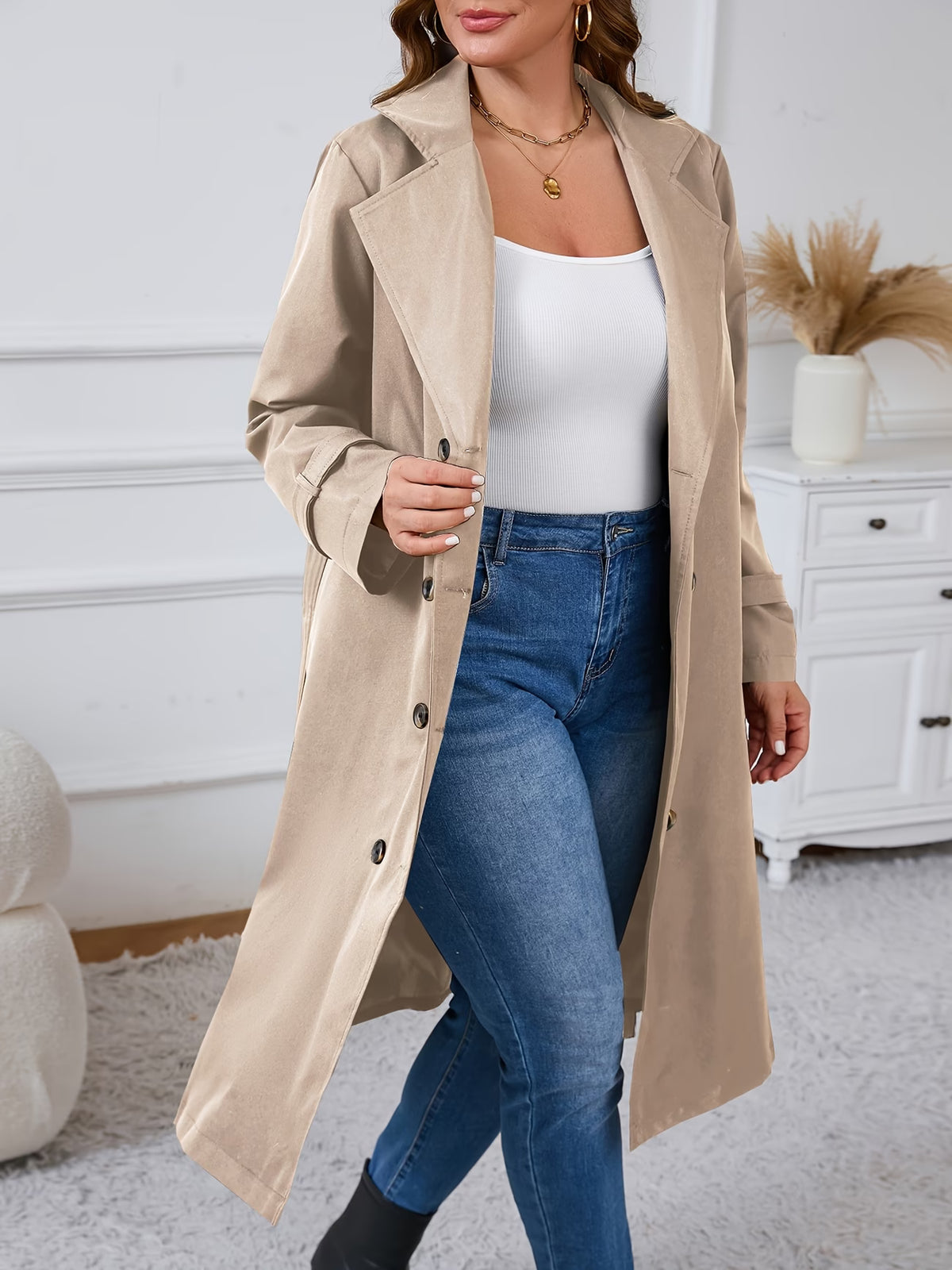Women's Relaxed Fit Button-Front Trench Coat