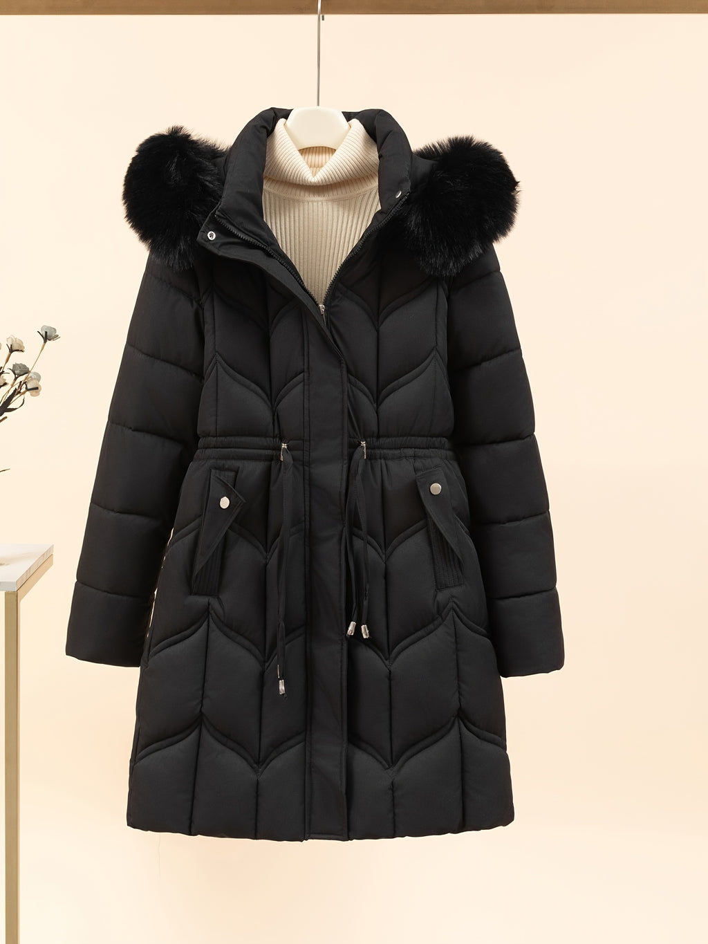 Women's Drawstring Faux Fur Hooded Puffer Coat