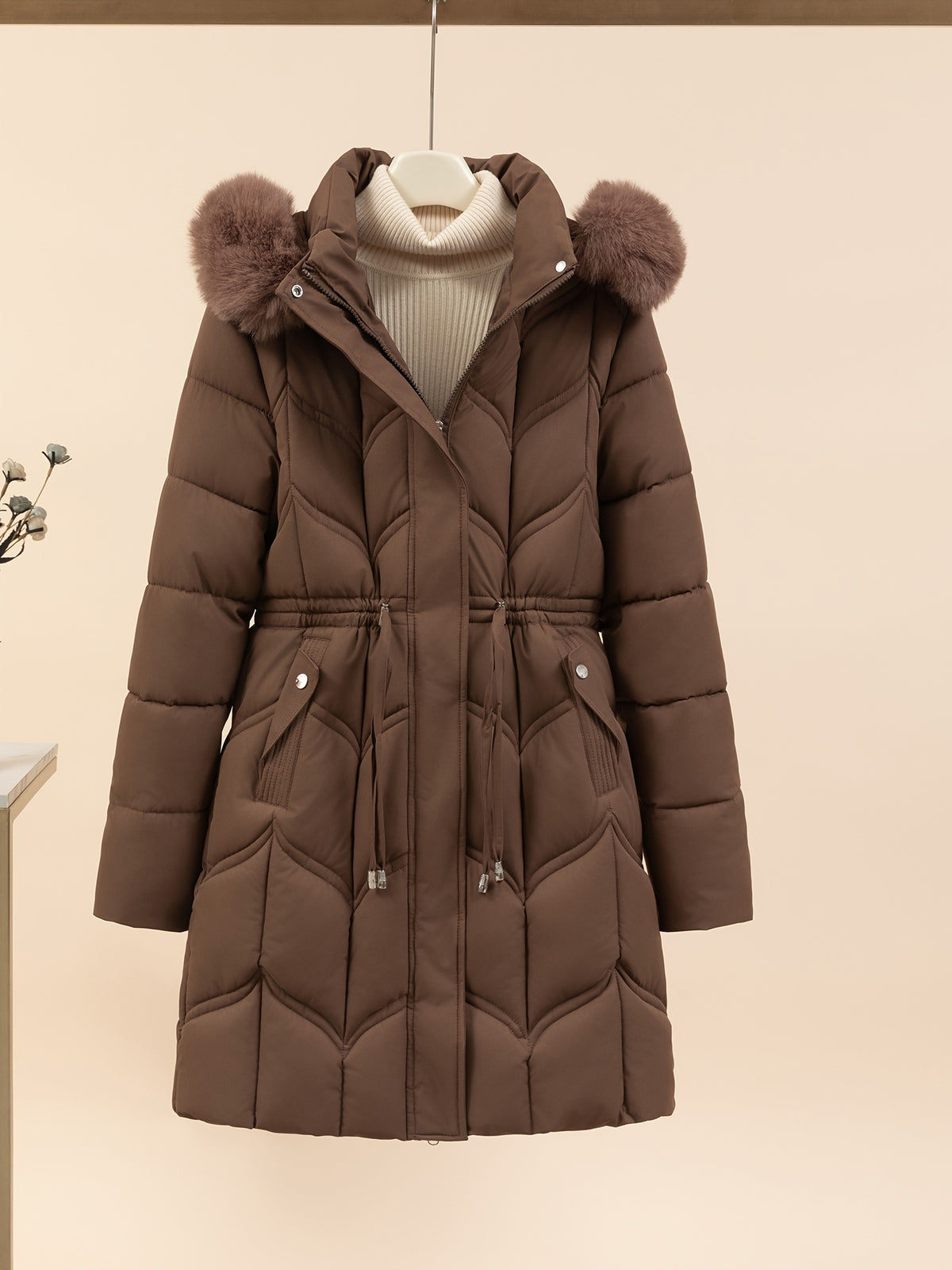Women's Drawstring Faux Fur Hooded Puffer Coat