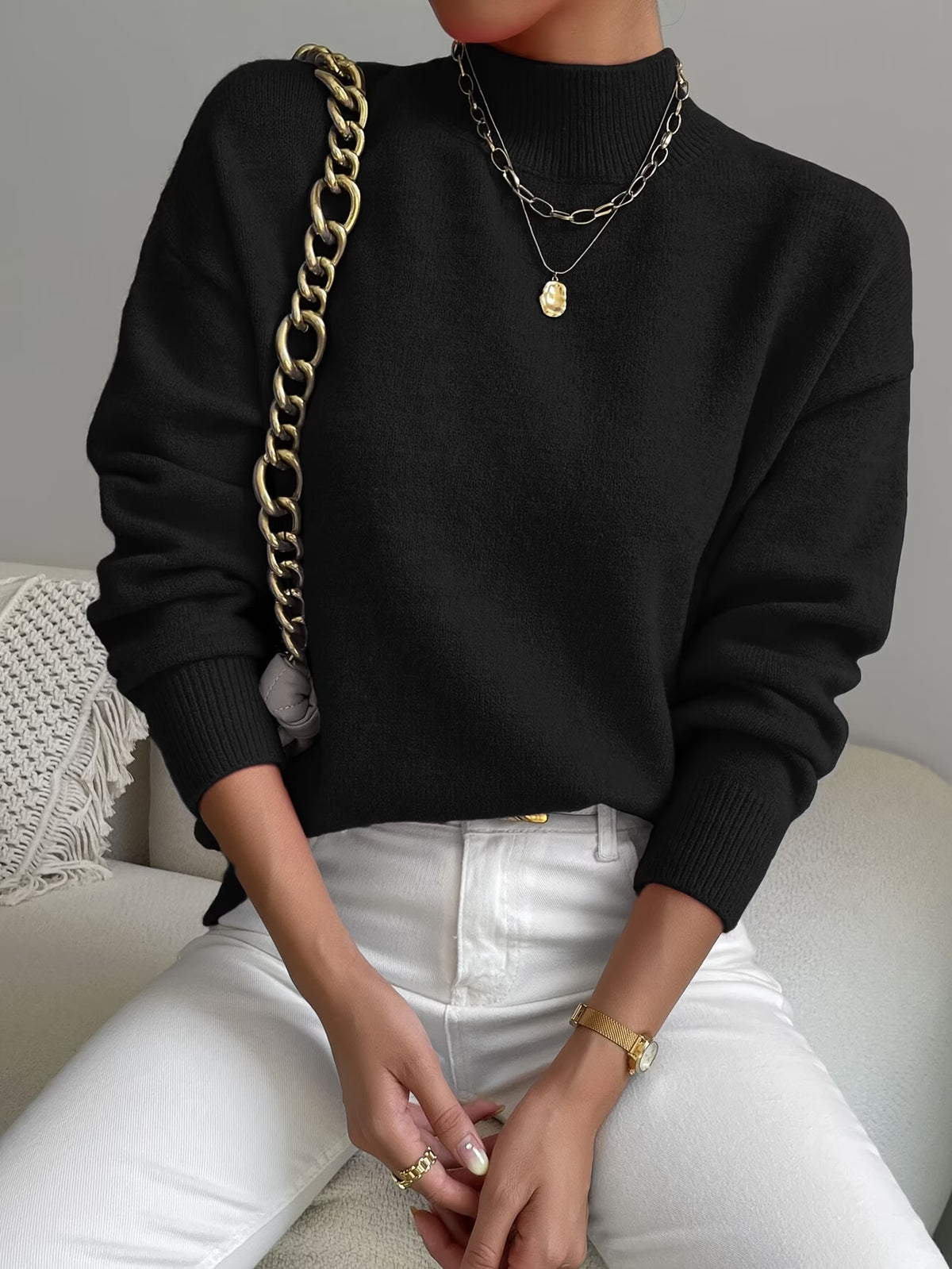 Women's Fine Knit Relaxed Fit Mock Neck Sweater