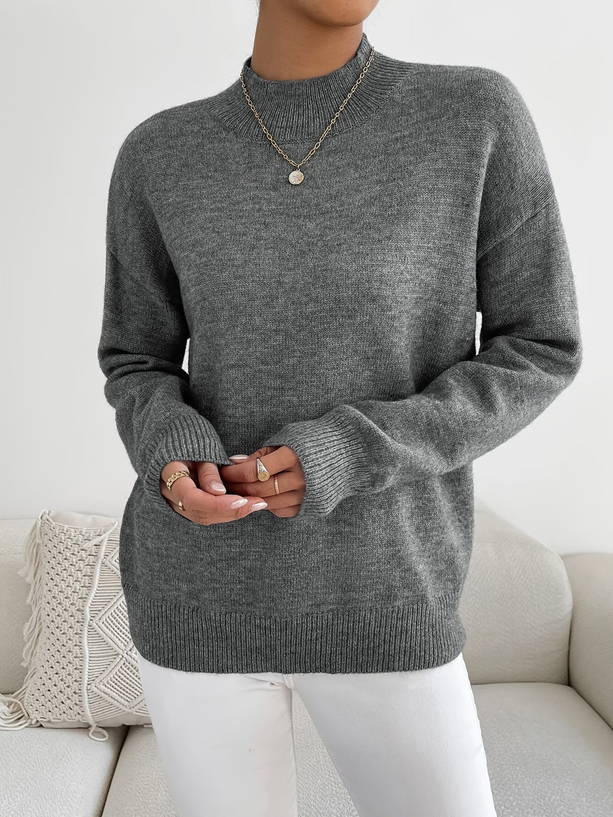 Women's Fine Knit Relaxed Fit Mock Neck Sweater