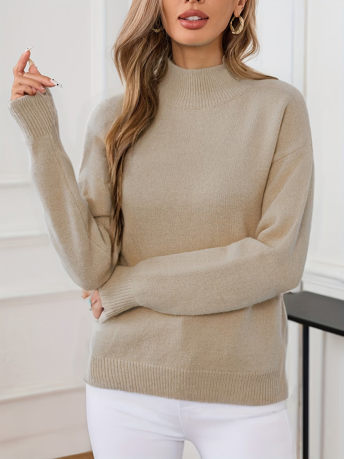 Women's Fine Knit Relaxed Fit Mock Neck Sweater