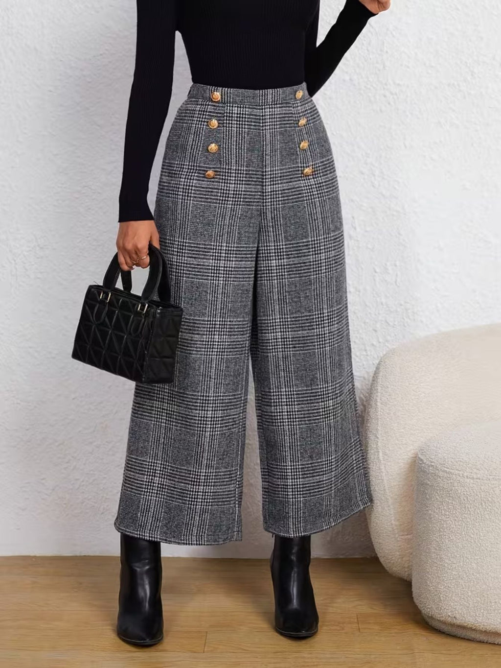 Women's Plaid High-Rise Wide Leg Pants