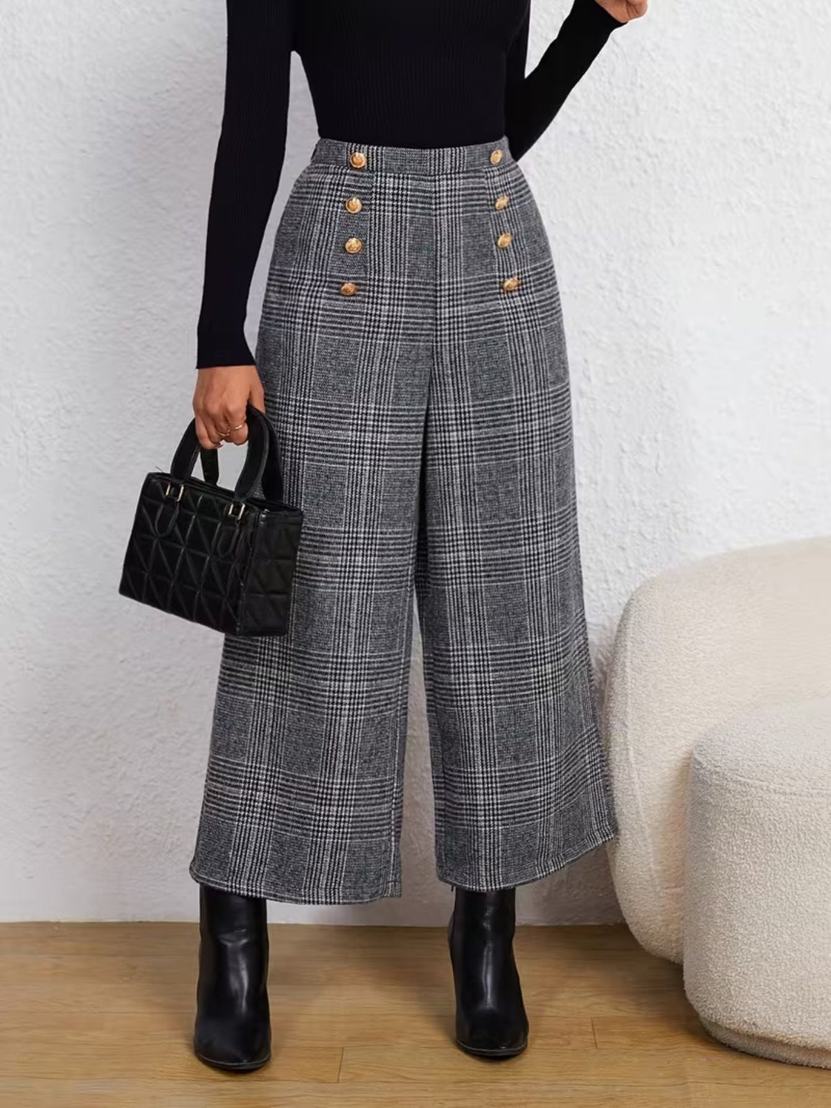 Women's Plaid High-Rise Wide Leg Pants