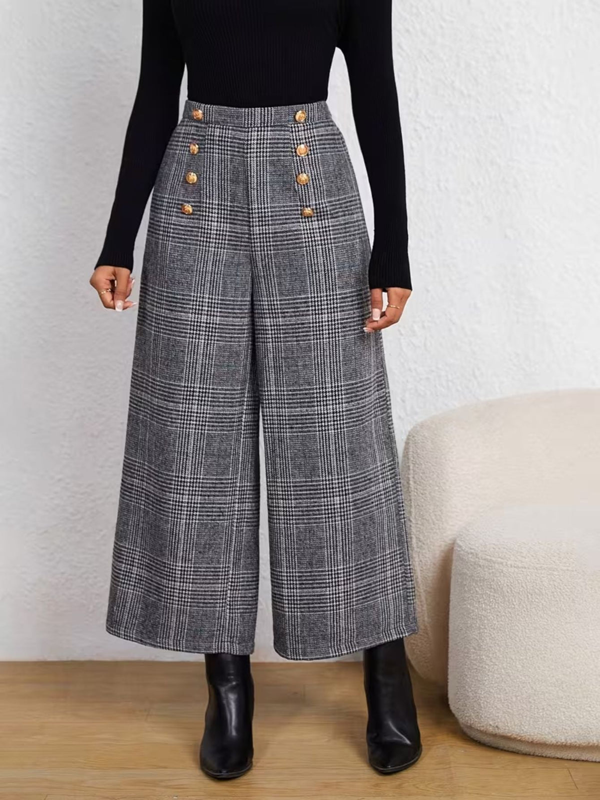 Women's Plaid High-Rise Wide Leg Pants