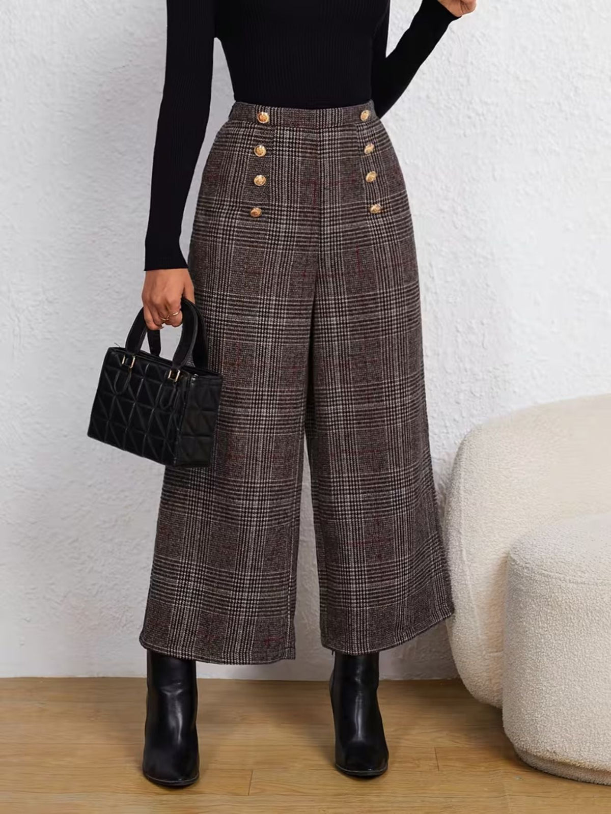 Women's Plaid High-Rise Wide Leg Pants