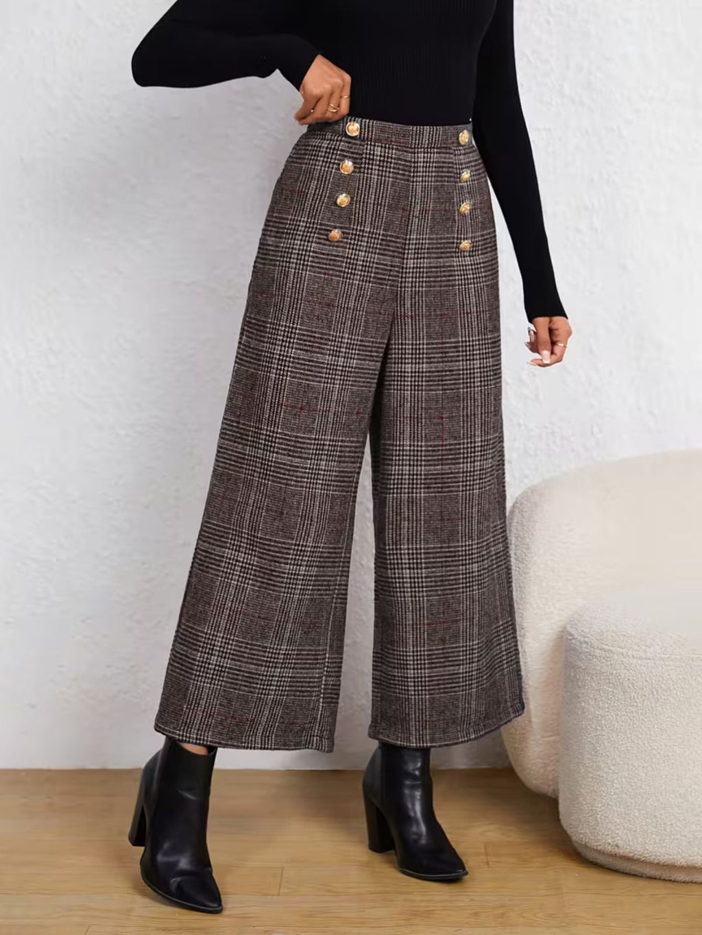Women's Plaid High-Rise Wide Leg Pants