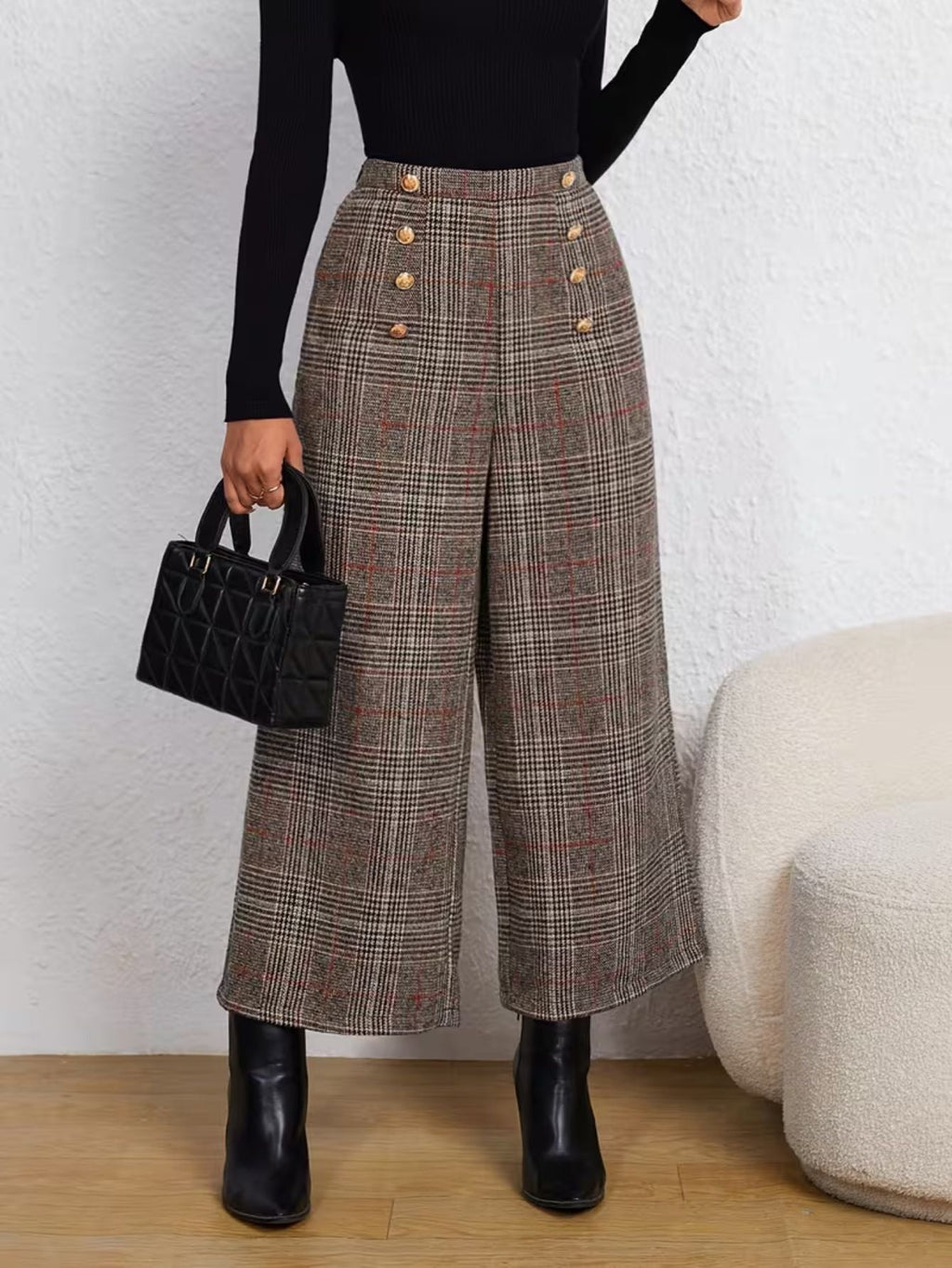 Women's Plaid High-Rise Wide Leg Pants