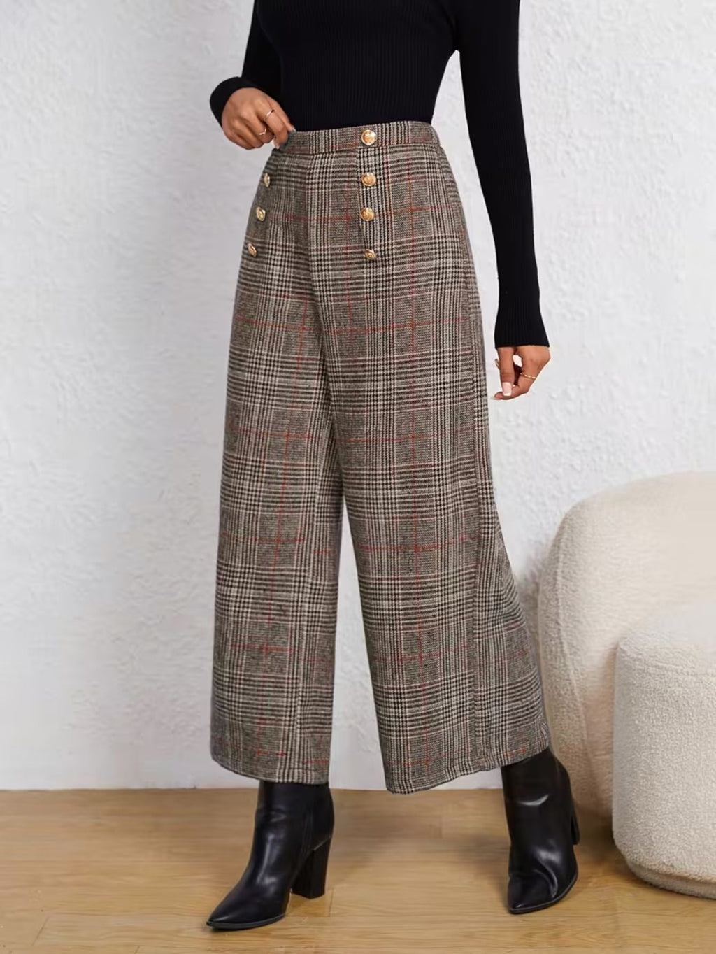 Women's Plaid High-Rise Wide Leg Pants