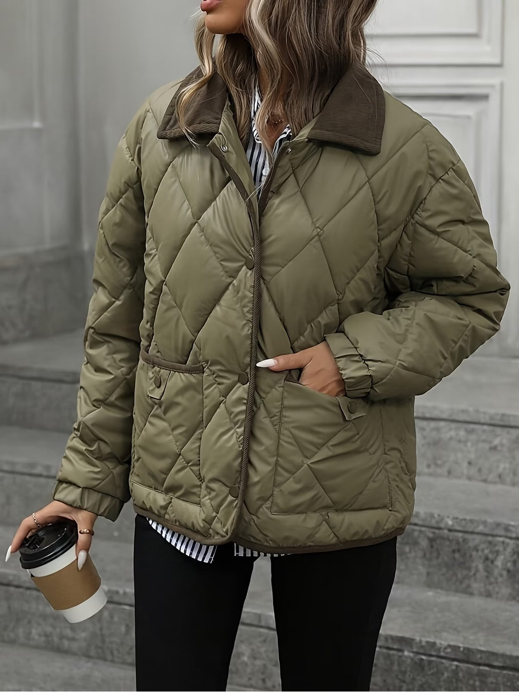 Women's Quilted Snap-Button Collared Jacket