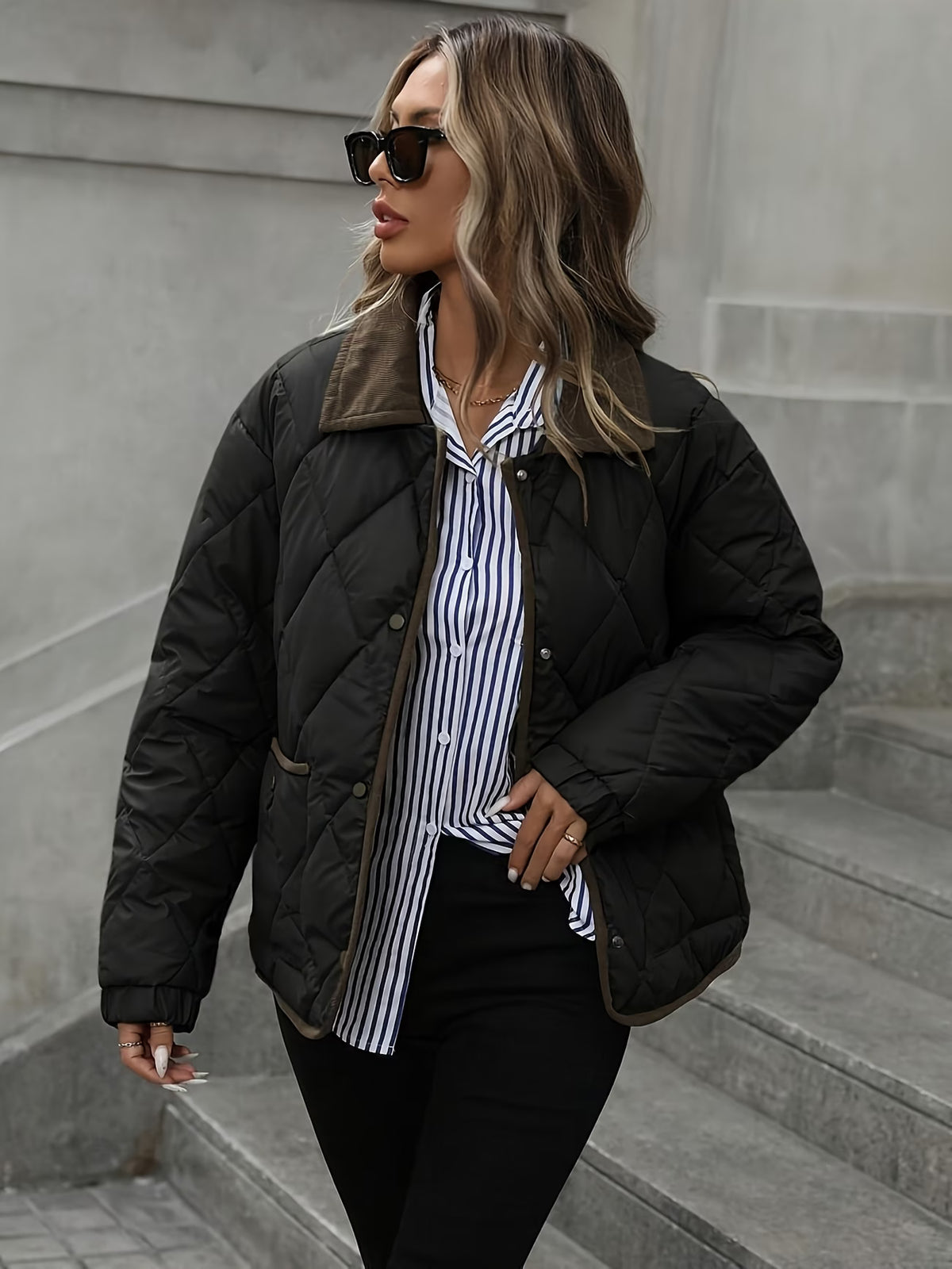 Women's Quilted Snap-Button Collared Jacket