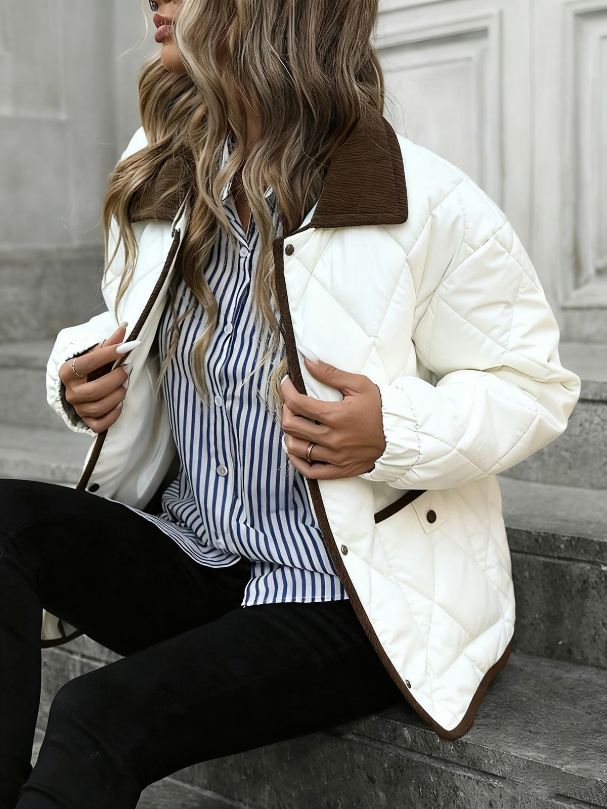 Women's Quilted Snap-Button Collared Jacket