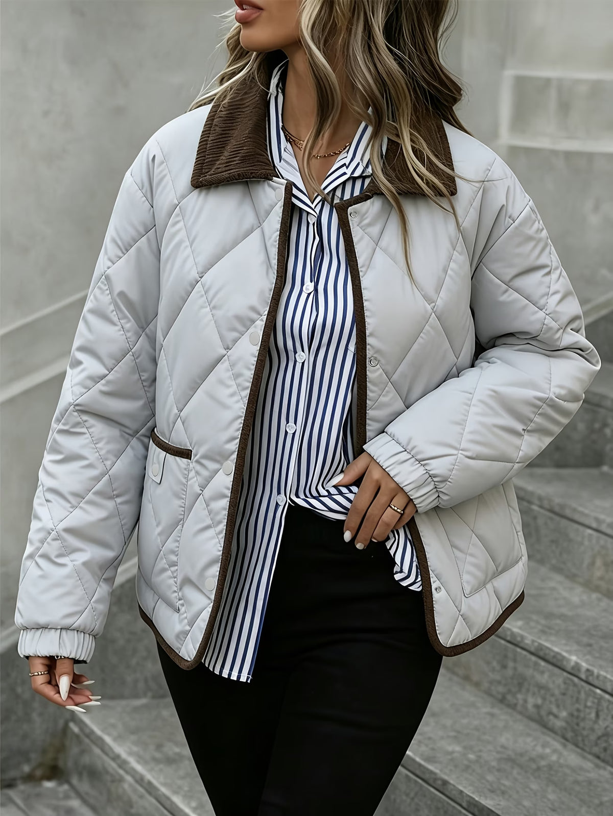 Women's Quilted Snap-Button Collared Jacket
