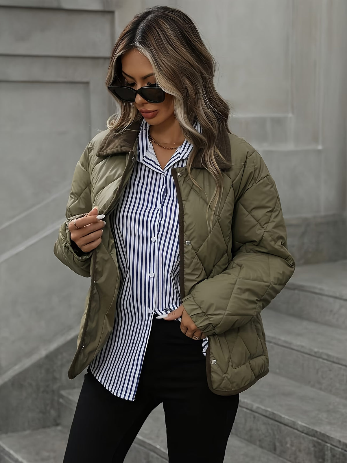 Women's Quilted Snap-Button Collared Jacket