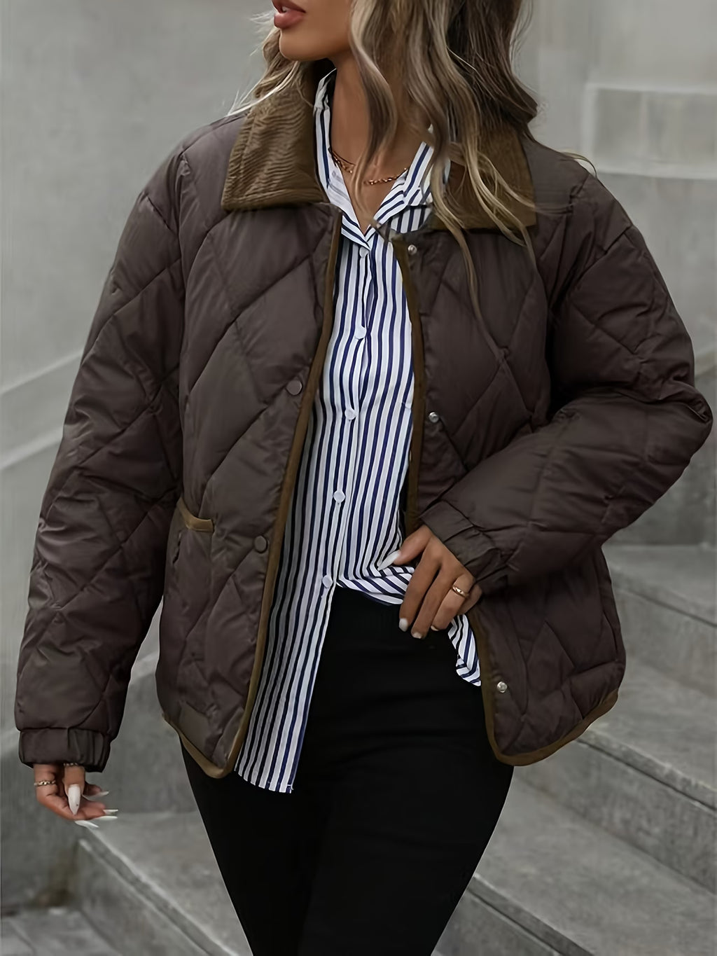 Women's Quilted Snap-Button Collared Jacket