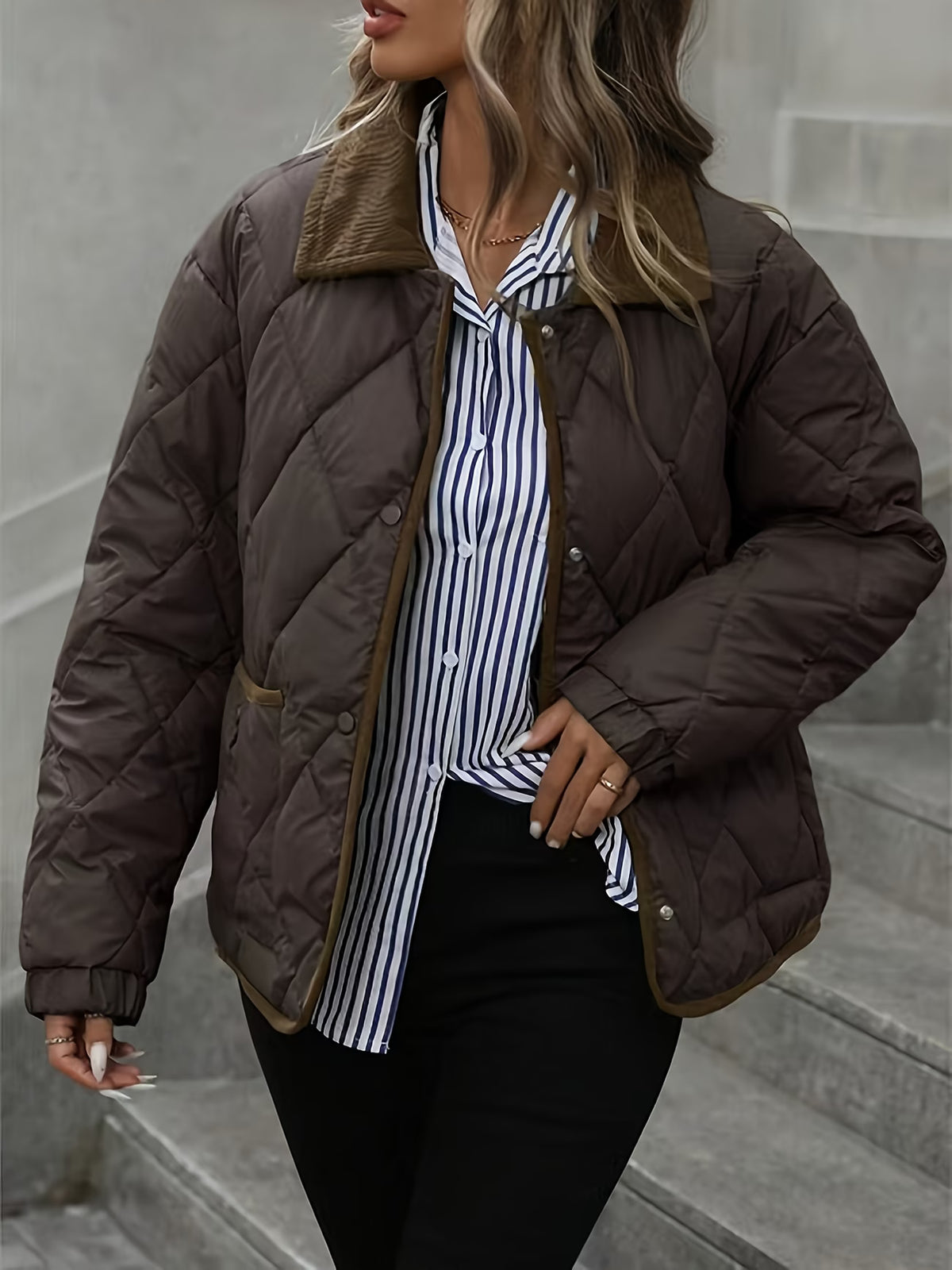Women's Quilted Snap-Button Collared Jacket
