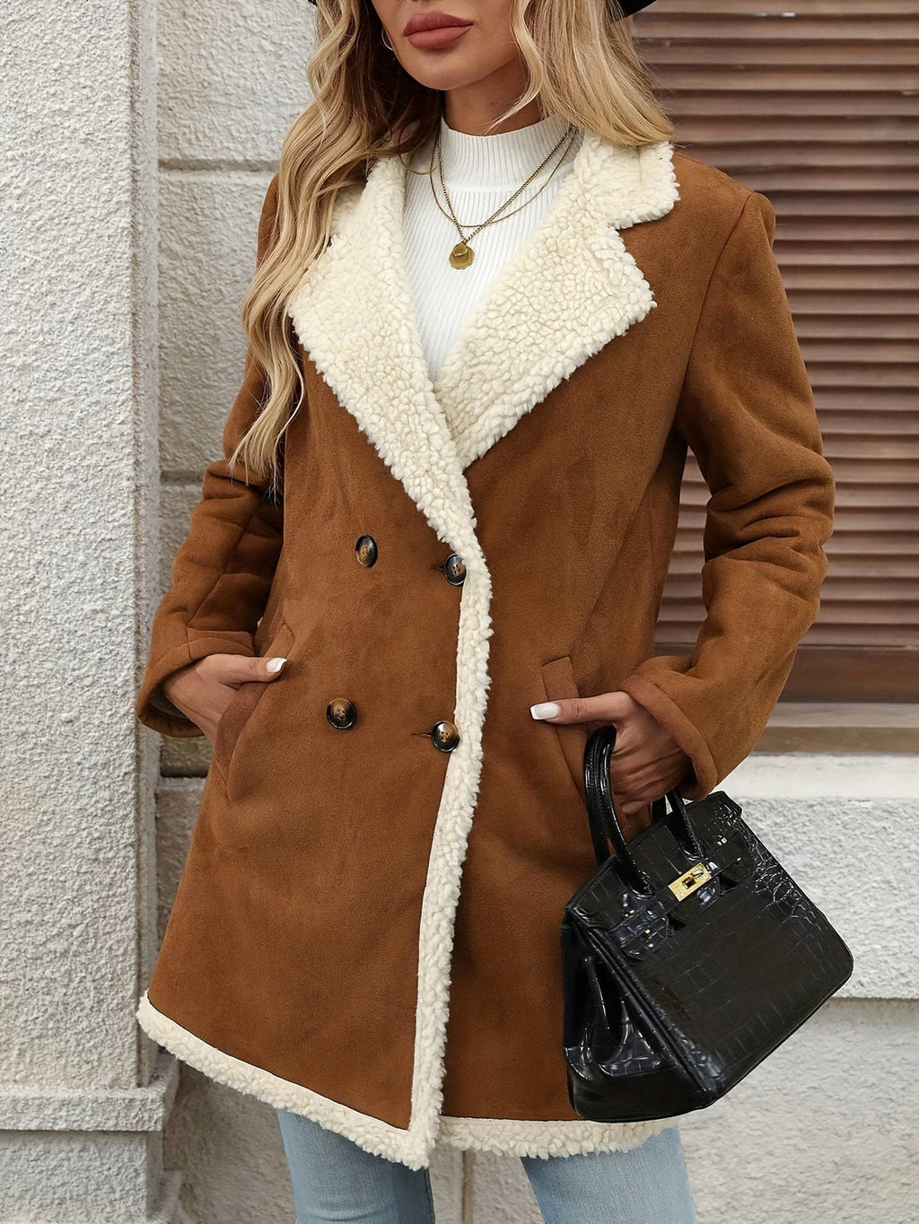 Women's Suede-Look Faux Shearling Collared Coat