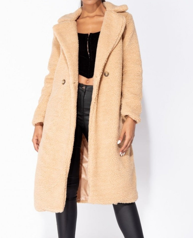 Camel longline teddy coat deals
